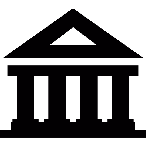 Black outline icon of a bank building with pillars and a dollar sign in the center.