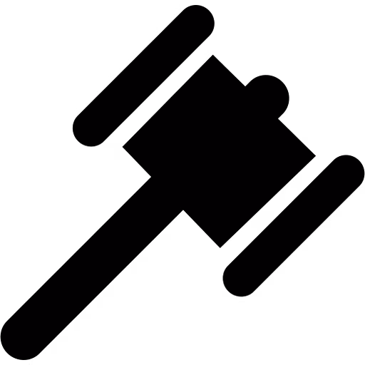 Black silhouette of a judge's gavel angled downwards.