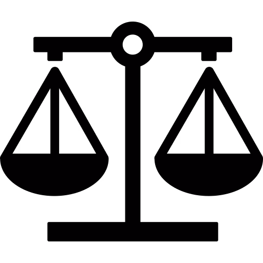 Black balance scale icon symbolizing justice and fairness.